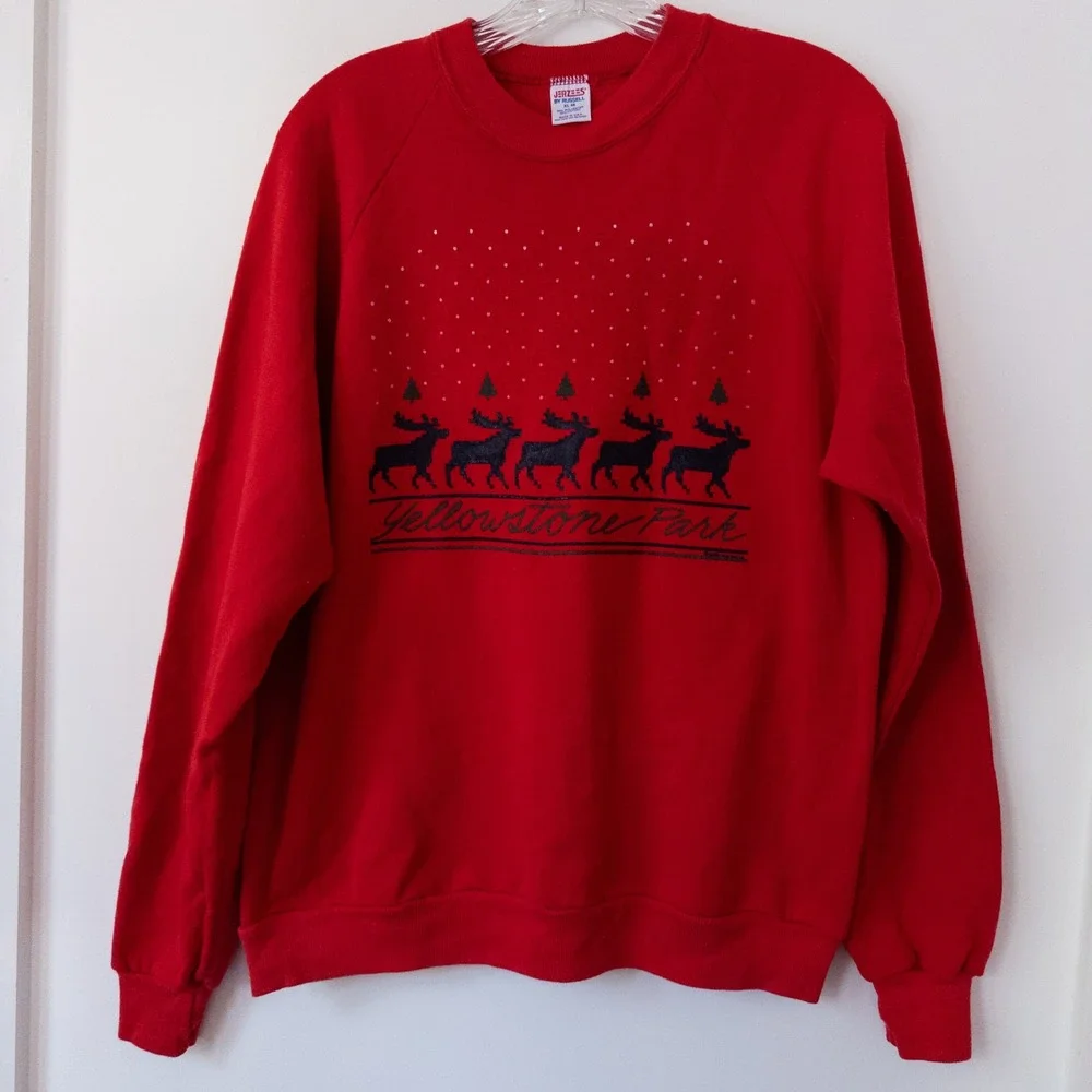Vintage Christmas Yellowstone Park Sweatshirt XL Moose National Park Red‎ Gorp
